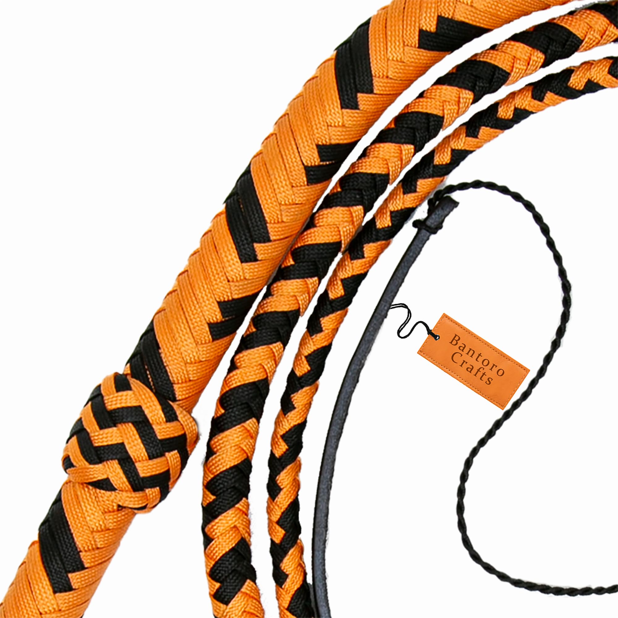 Schwarz und Orange Paracord-/Nylon-Peitsche, Bullenpeitsche, 16 Zöpfe, geflochtener Lederbauch und Lederpolster im Inneren, Laute knackende Peitsche