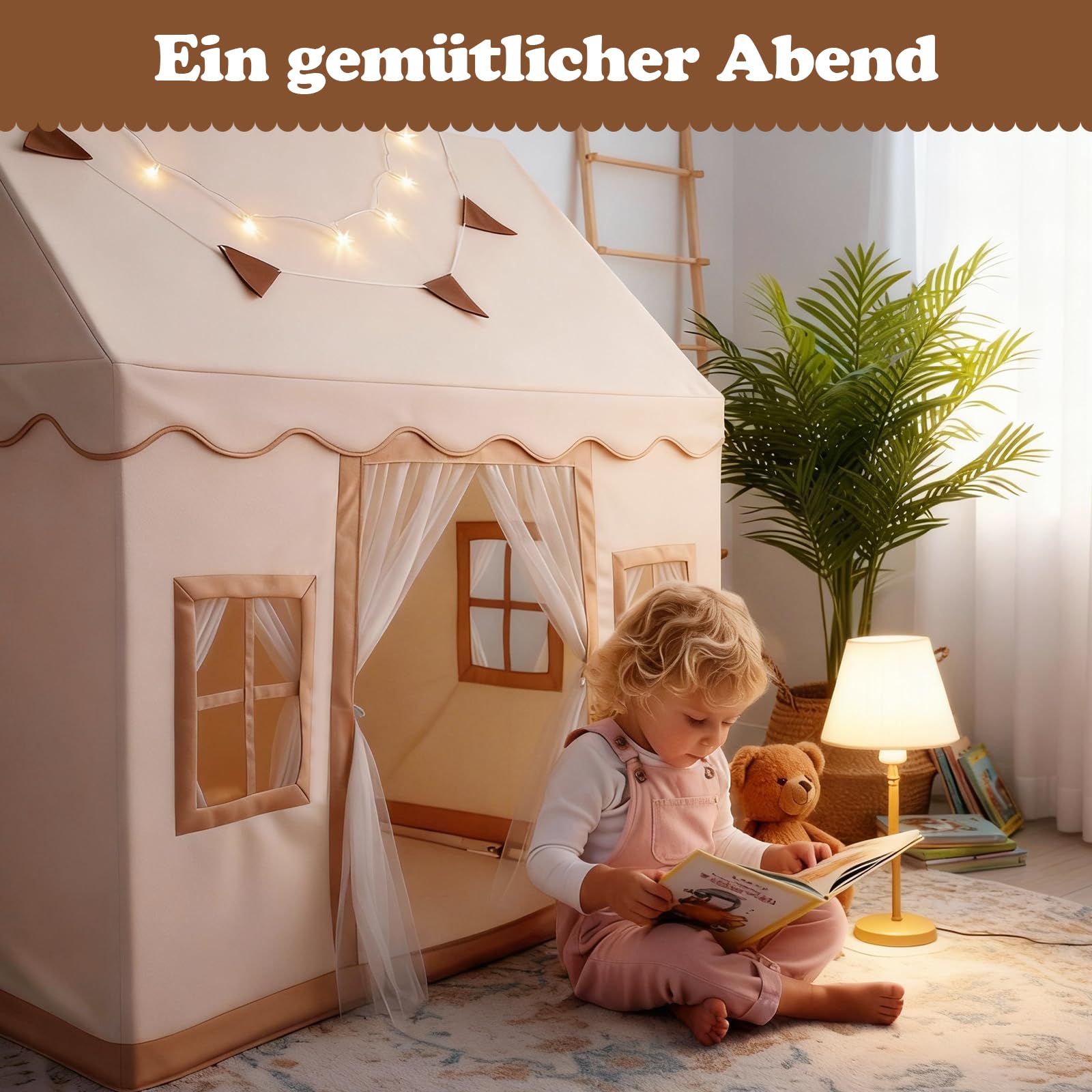 2-in-1-Kinderspielzelt mit zwei Vorhängen und Lichtern, großes Indoor-Spielhaus für Kinder, Spielzelt mit Sternenlichtern und Zubehör, einfach aufstellbares Spielzelt für Kleinkinder im Alter von 2 bi