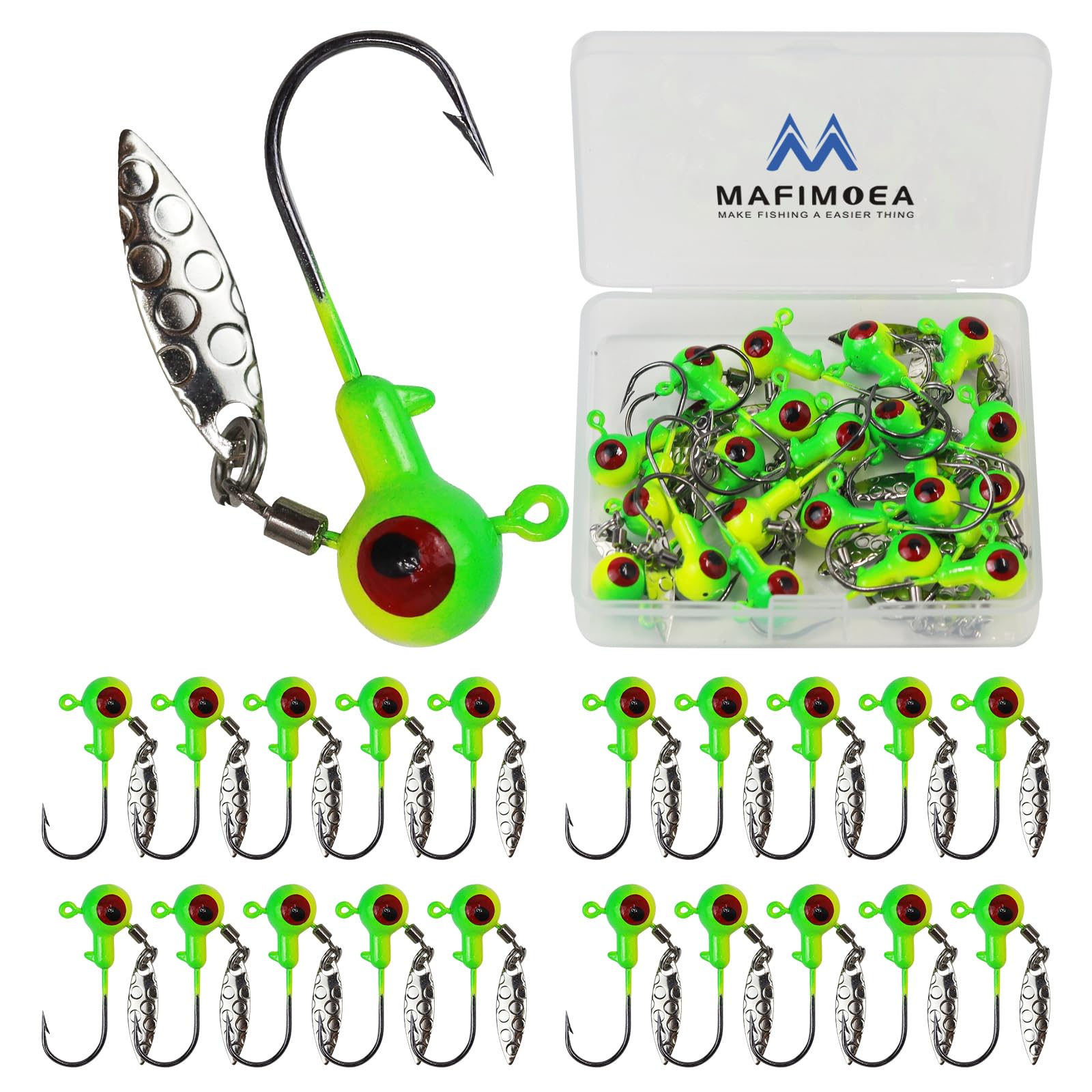 20/30Pcs Underspin Jig Heads with Spinner Fishing Jig Heads Hooks Set Crappie Jigs Fishing Jig Hooks Assortment Saltwater Freshwater Bass Crappie Trout Glow in The Dark