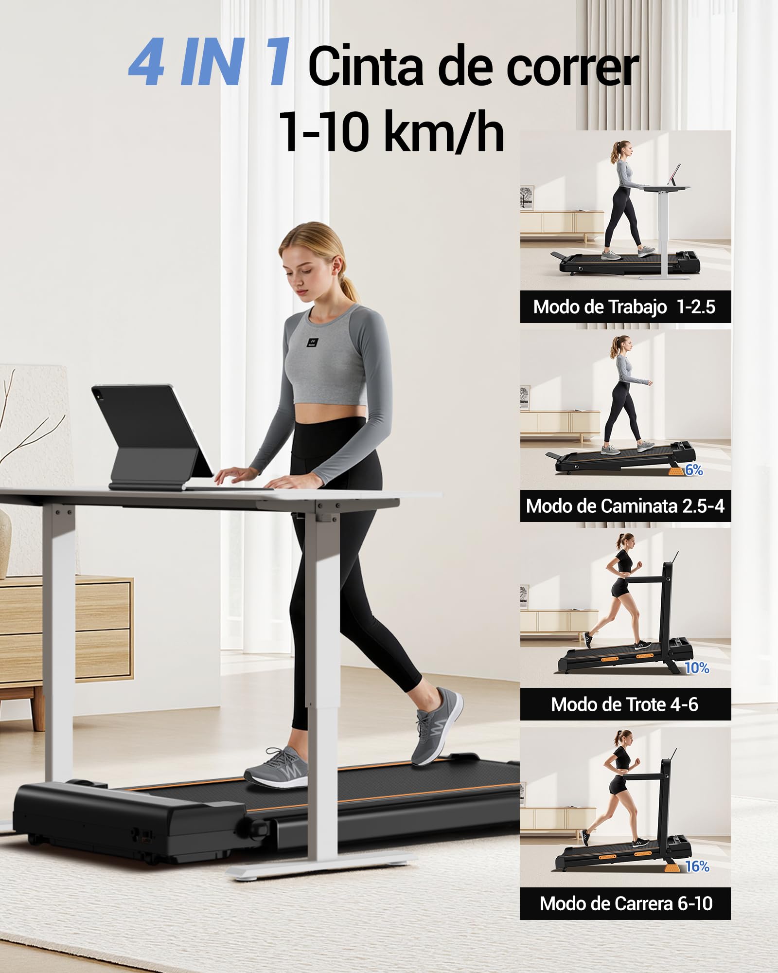 CURSOR Cinta de Correr Plegable con Inclinación 16%,10KM/H Cinta Correr Plegable, Pantalla LED, Reposabrazos Ajustables, 3.0HP Walking Pad, Caminadora Electrica para Casa, Capacidad de Carga 136KG