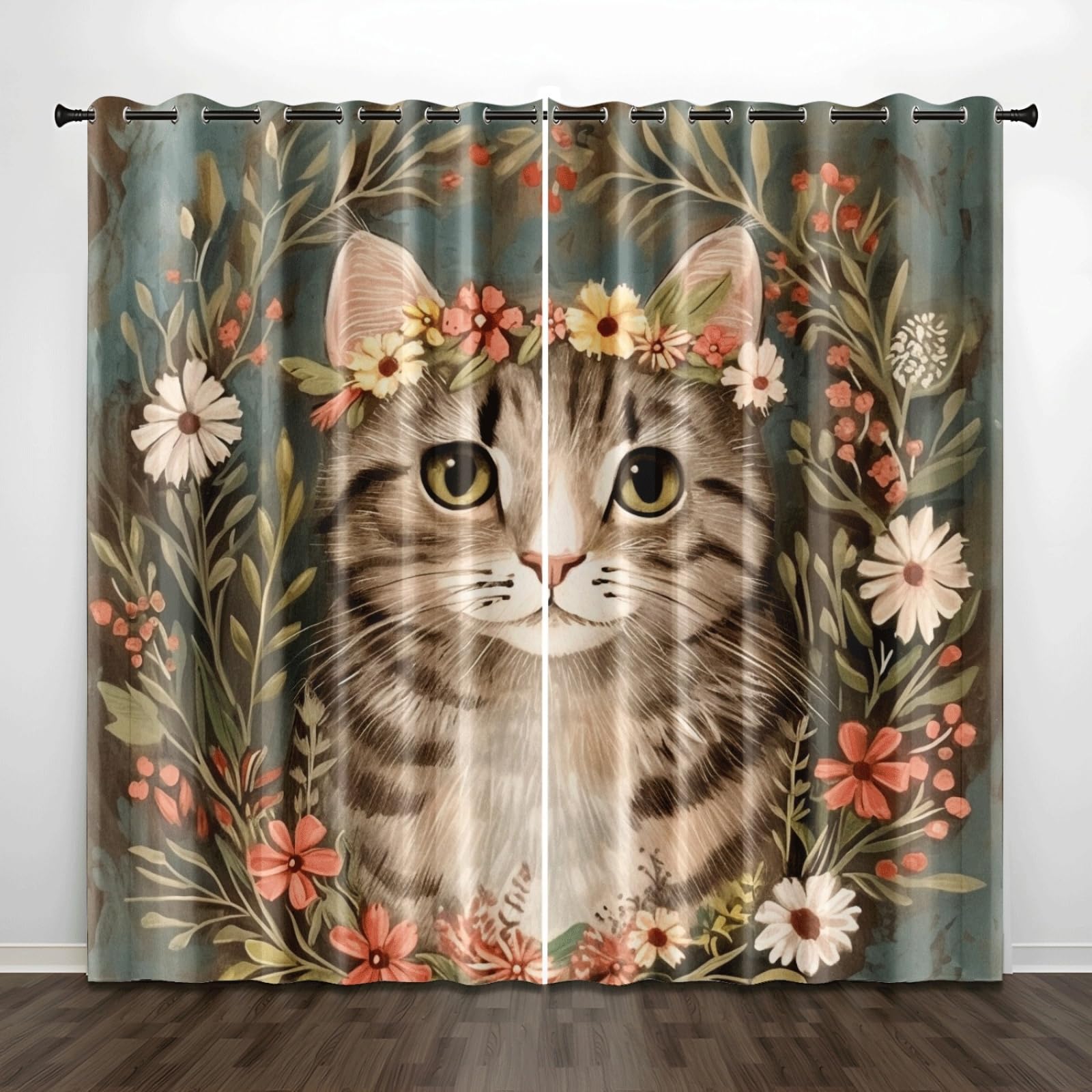 Curtain Retro Grün Braun Vorhang mit Ösen Verdunkelungsvorhänge Polyester Gardinen Waschbar Blackout Curtain Living Room Vorhänge mit Ösen Schlafzimmer Verdunklungsvorhang Thermogardine 2x140x160cm
