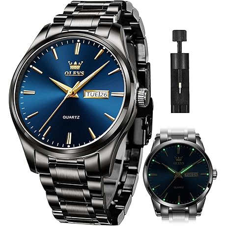 Gold Watches for Men, Day Date Stainless Steel Analog Quartz Business Dress Watch