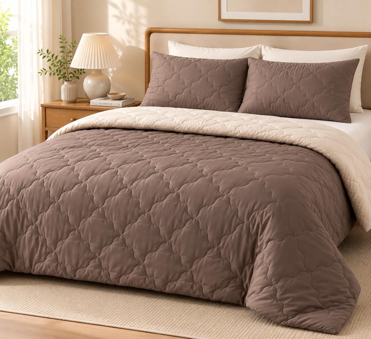 Puffy Reversible Quilted Comforter, Brown and Beige, Queen | Diamond Quilt Pattern, Dual-Tone Design, Soft Microfibre Fill, Bedroom Bedding Set, All-Season Use-image-33