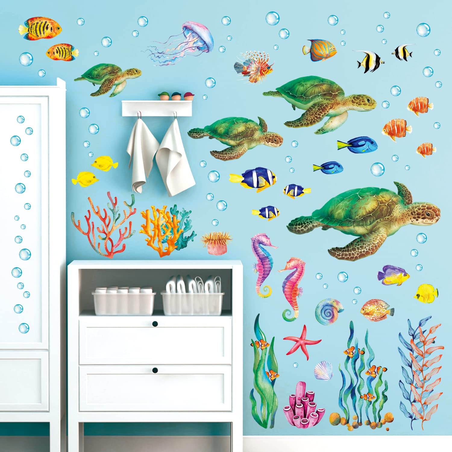 BASHOM BA-4001 Sea Turtle Wall Stickers Under The Sea Decals Fish Jellyfish Coral Seaweed for Bathroom Nursery Bedroom Living Room Art Home décor