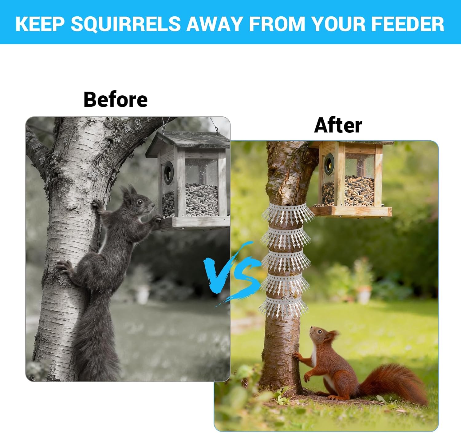 Bird Spikes Squirrel Proof Baffle for Bird Feeder Pole, Outdoor Anti Climb Spikes for Fence, Tree, Wall, Roof, Drainpipes, Deterrent Squirrel, Pigeon, Raccoon, Cat, 120 inch Stainless Steel Spikes