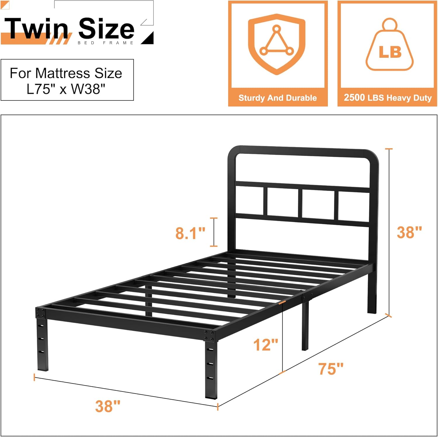 Twin Bed Frames with Headboard, 12 Inch Heavy Duty Metal Twin Platform Bed Frame, No Box Spring Needed, Noise Free, Easy Assembly, Black - Image 2