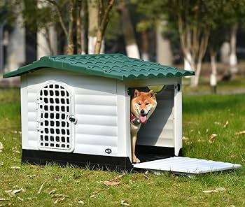 中型犬用屋外犬小屋 ホワイトとグリーン Amazon | 犬舎 室外 犬小屋 屋外用 中型犬用 大型犬用 ドア付き