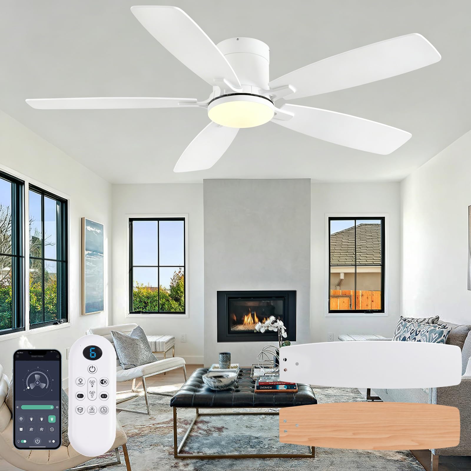 FUMLTP 52 Inch Flush Mount Ceiling Fan with Lights and Remote/APP Control