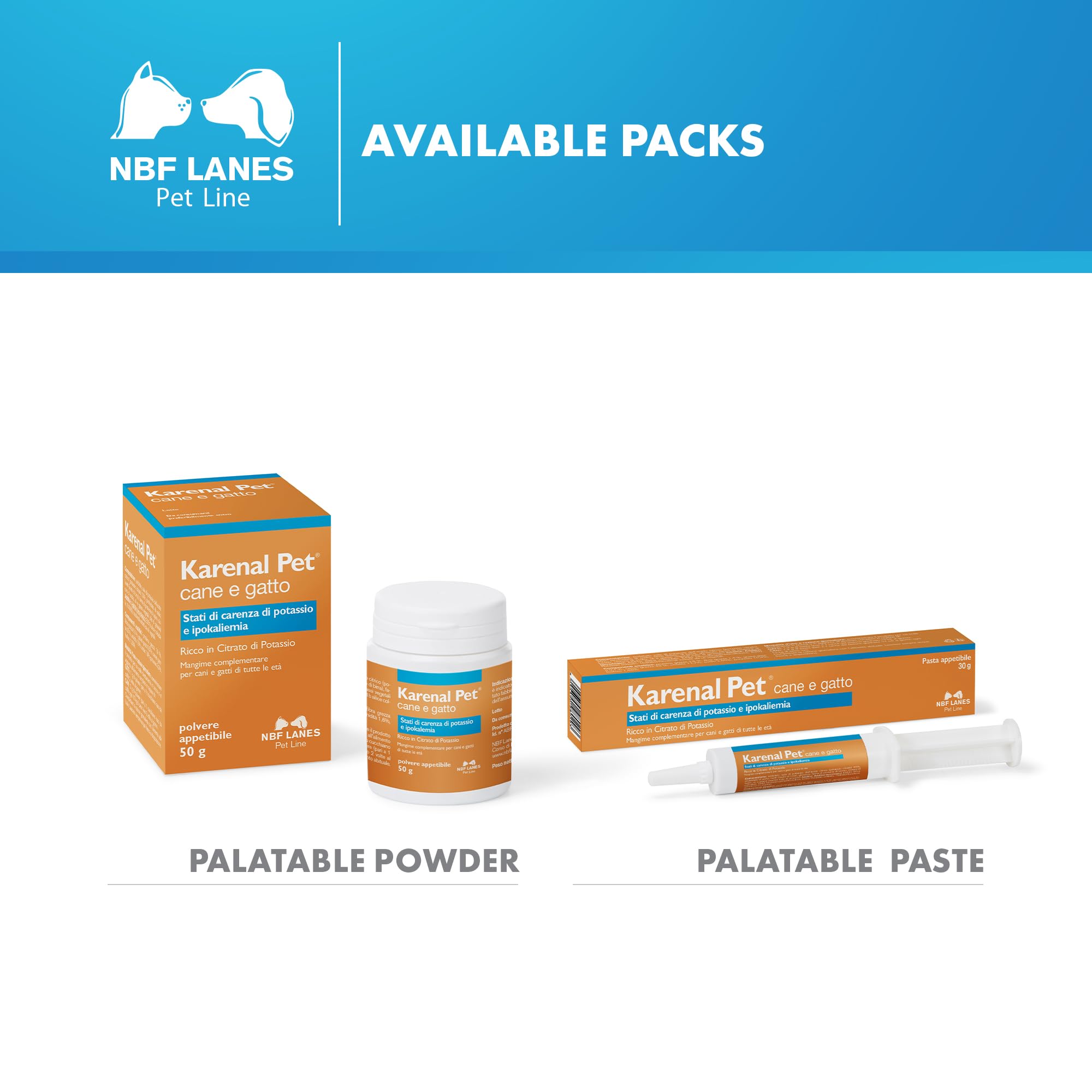 NBF Lanes | Karenal Pet Perro y Gato, Polvo apetecible 50 g, para los Estados de Deficiencia de Potasio e Hipopotasemia