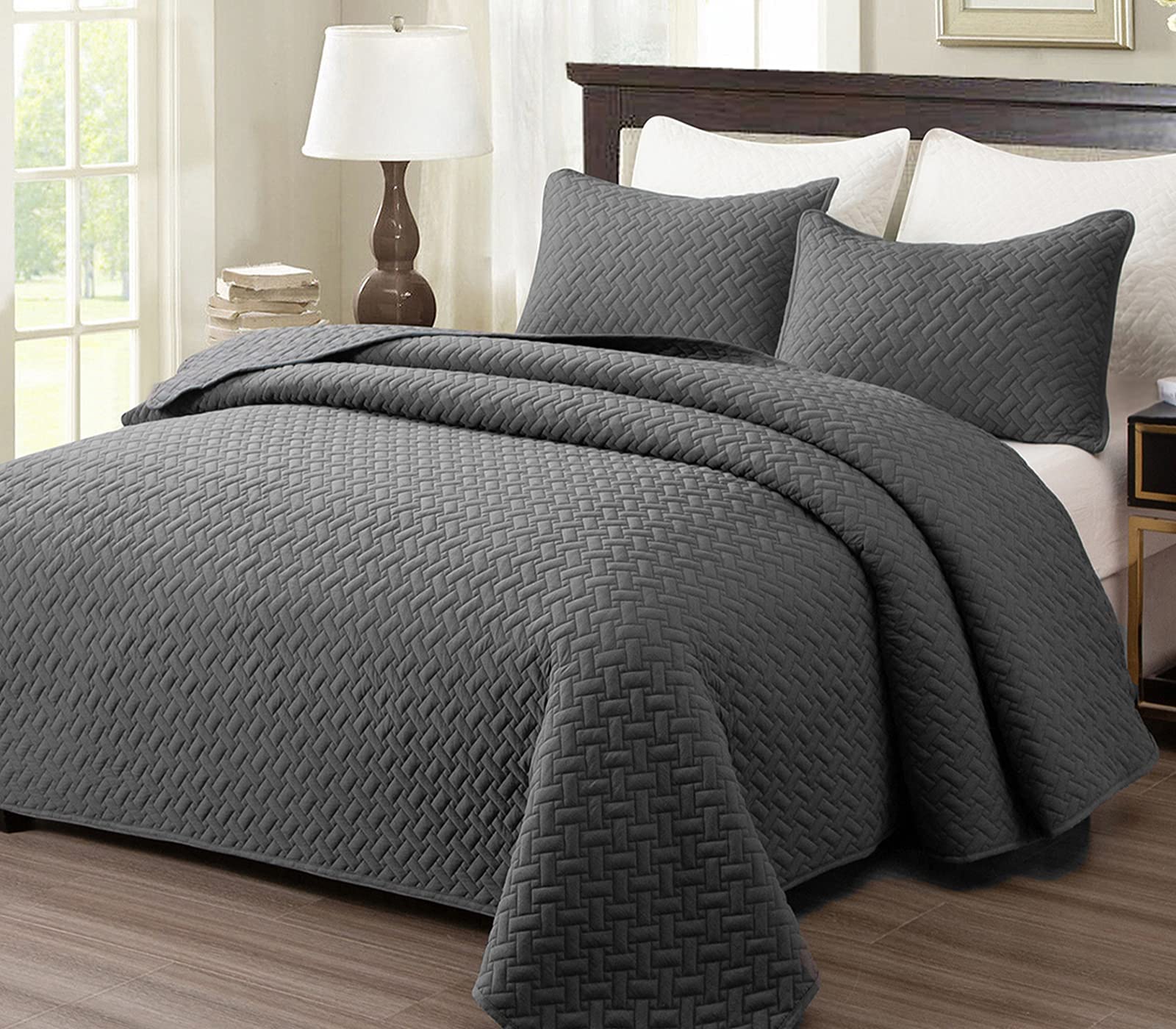 EMME Quilt Set Twin Size 2 Pieces (66x90 inches), Pre-Washed Microfiber Bedspreads for All Season, Lightweight and Reversible Comforter Bedding Cover (Basket Weave, Gray)
