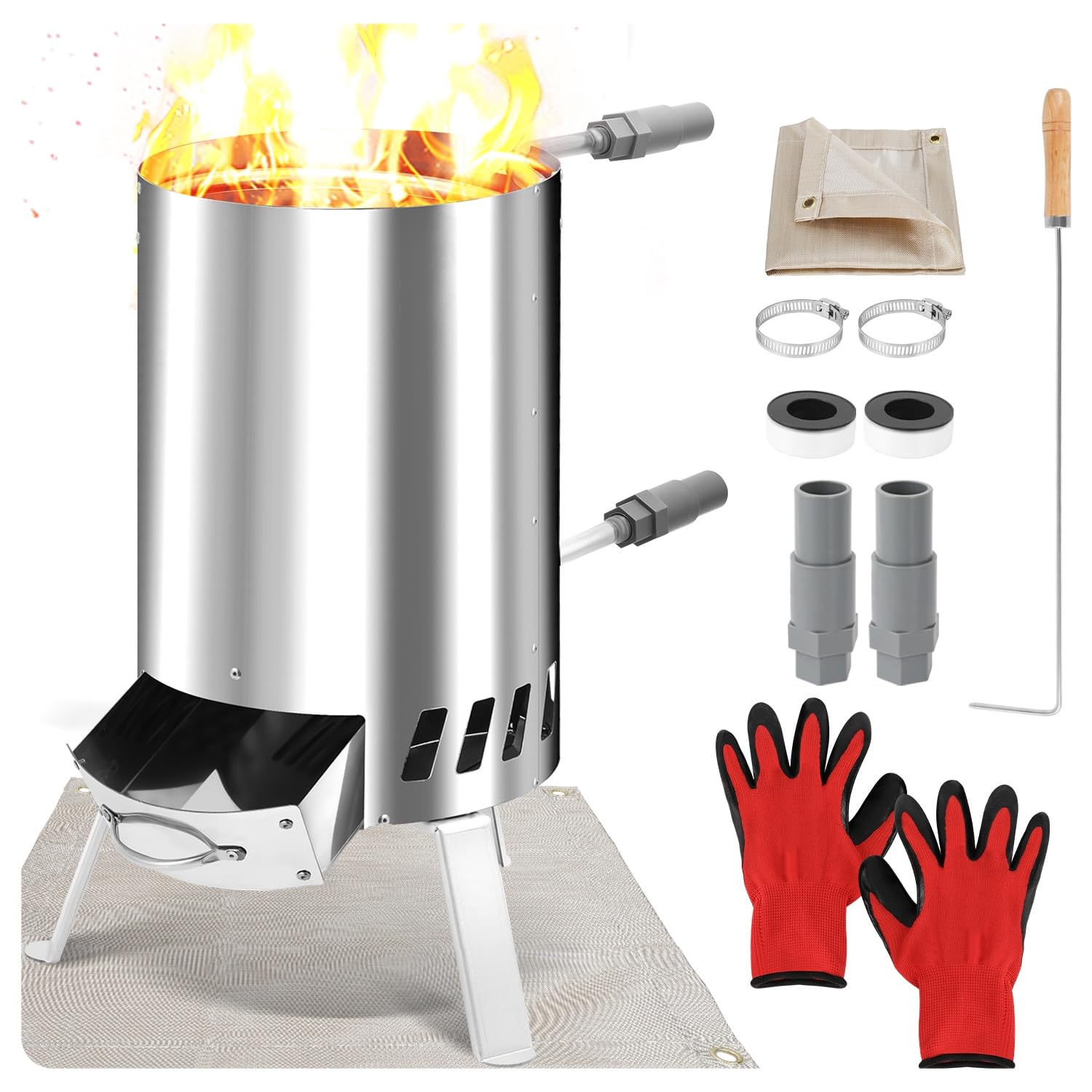 Poolheizung Feuer,Brennholz Poolheizung Feuertonne mit Heizspirale,Edelstahl Poolheizung Holz,32-38mm Anschlüsse,Poolofen mit Feuerfeste Matte und Tablett,Pool Heizung Erhöhter Sockel