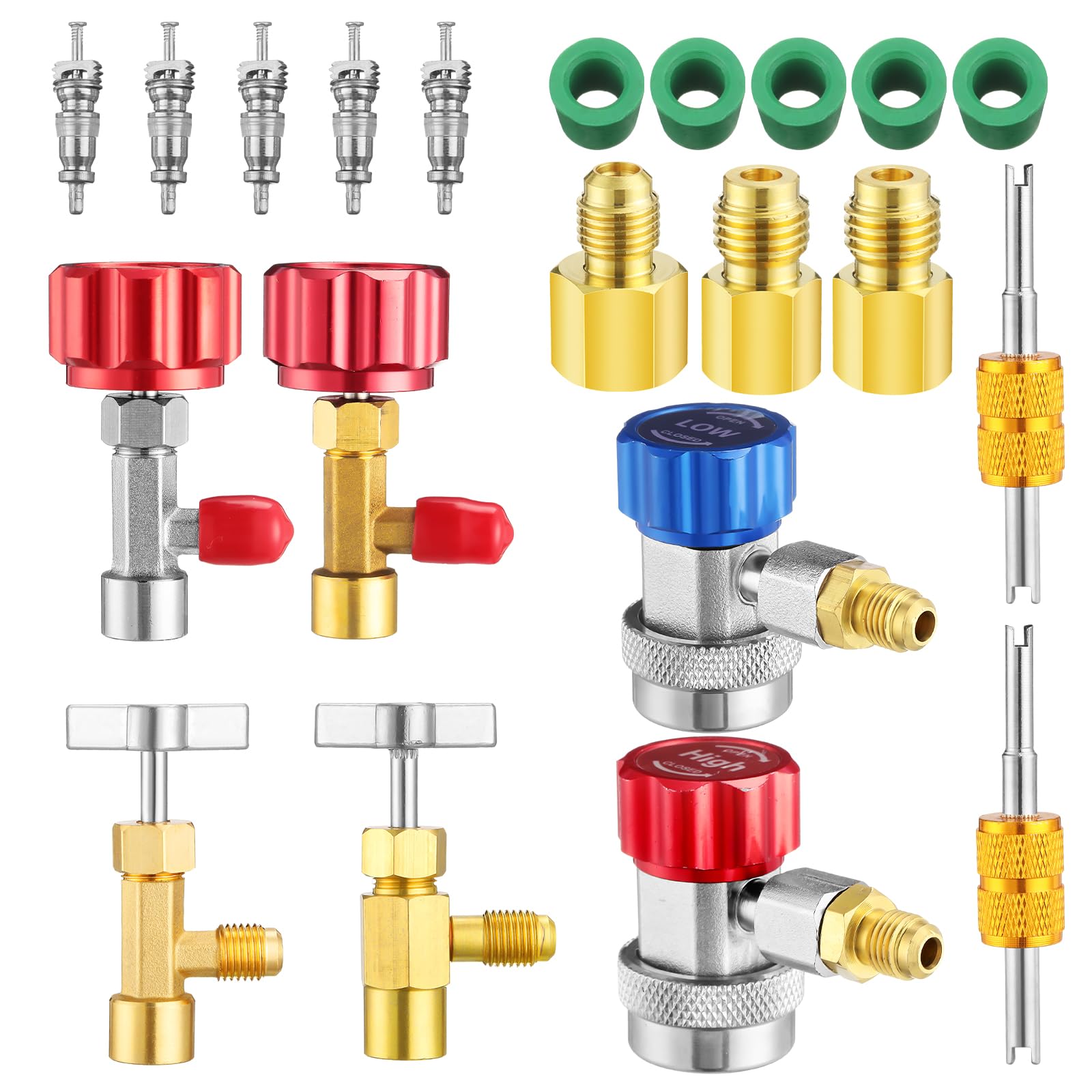 21 Pcs AC R134a Adapter Tool Kit R134a Can Tap 134a Quick Coupler Self Sealing and Puncture Refrigerant Can Tap Valves with Refrigerant Tank Adapters for Air Conditioning Systems