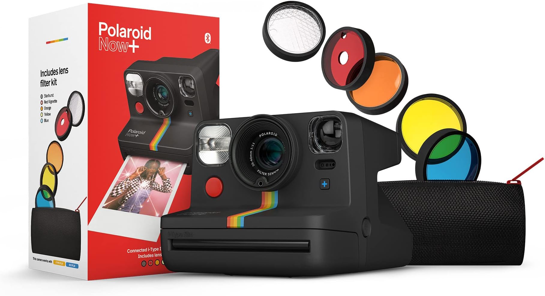Polaroid Now+ Black (9061) - Bluetooth Connected I-Type Instant Film Camera with Bonus Lens Filter Set