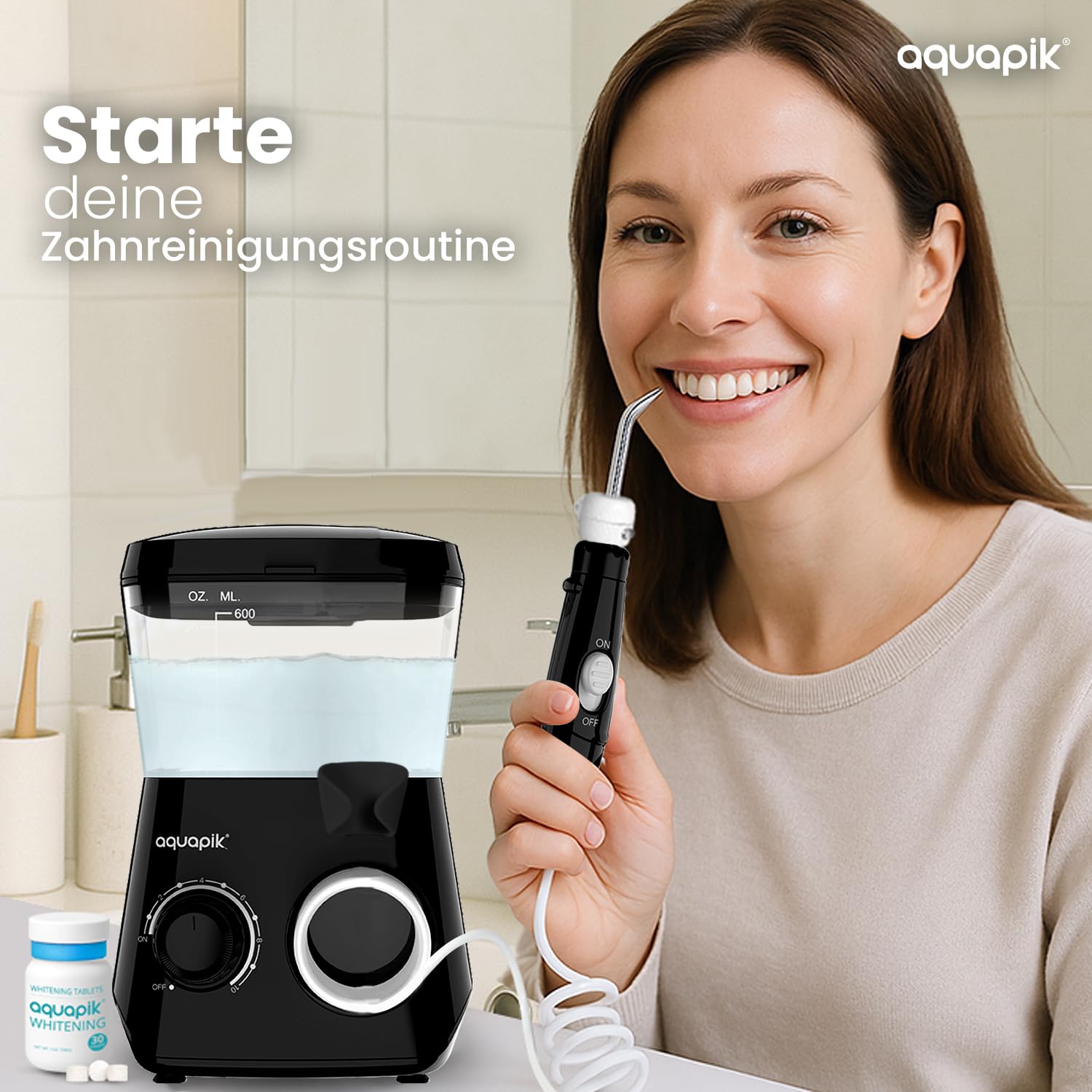 Aquapik® ADVANCED Munddusche | Ideal für Zahnspangen, Implantate und empfindliches Zahnfleisch | Aufhellungs-Kit entfernt Flecken | 10 Druckstufen | 10 Düsen | Von Zahnärzten empfohlen.