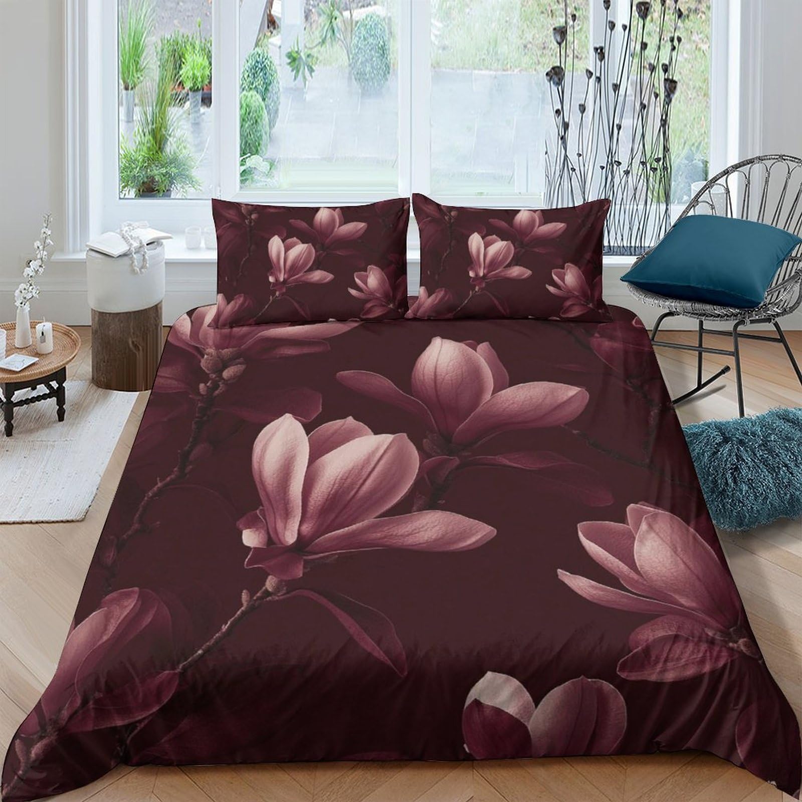 Ctjqhvkz Style-8 3D Printed Magnolia Blossom Fitted Sheet Microfiber Soft Burgundy Floral Bed Cover For Bedroom Dorm Mattress Protection Decor Single（135X200cm）