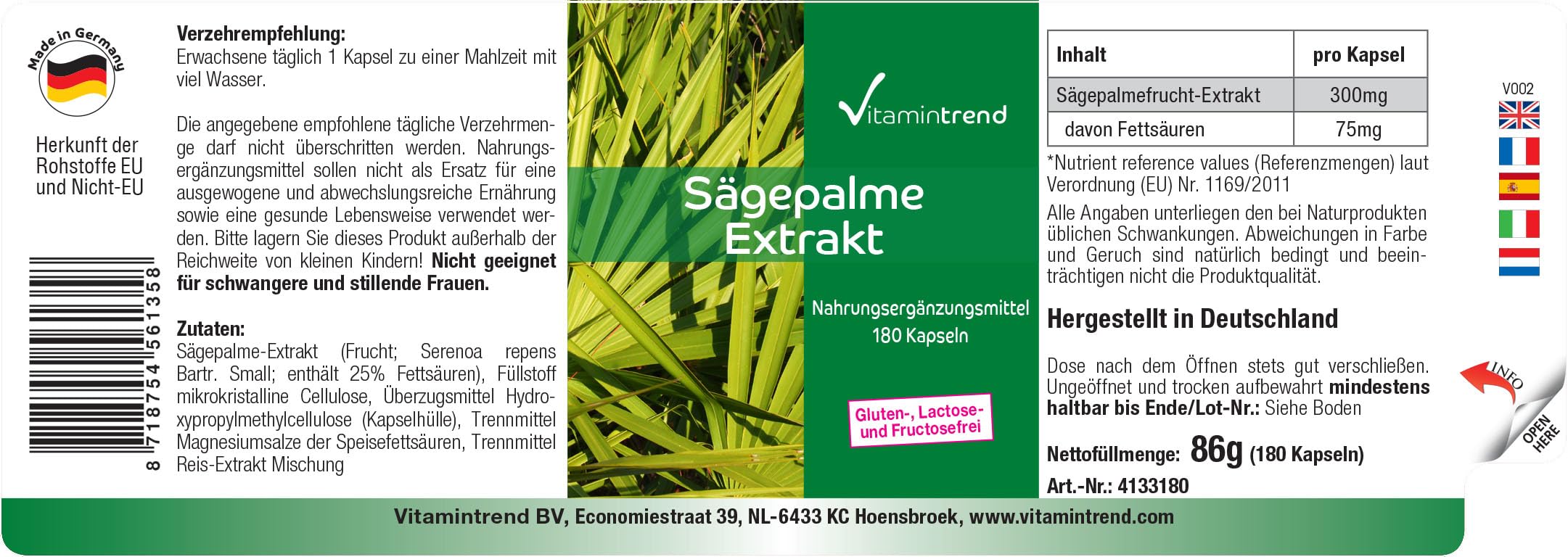 Vitamintrend Extracto de palma enana americana 300 mg, 180 cápsulas, fácil de tragar, complemento alimenticio vegano sin estearato de magnesio, fabricado en Alemania
