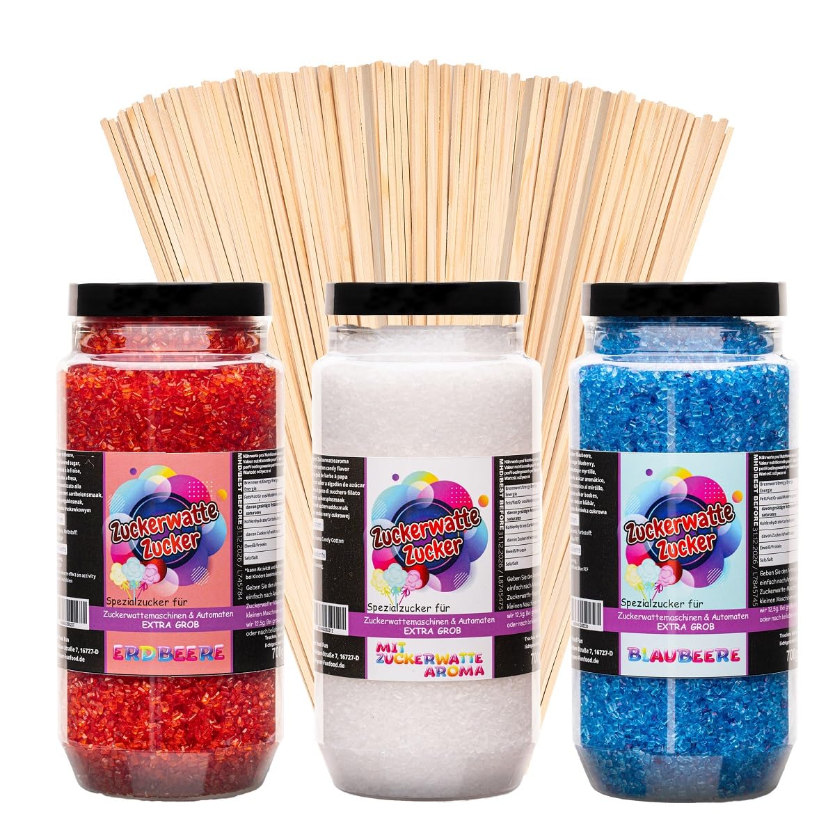 Zuckerwatte Zucker Set Grob 3x700 g mit 100 Stäben (Blaubeere, Erdbeere, Weiß)