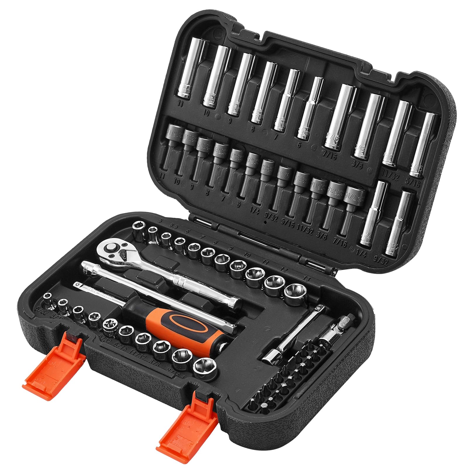 VEVOR Juego de Llaves de Vaso 70 uds, con Llaves de Trinquete, Accionamiento 6,4 mm, SAE y Métricas, con Puntas y Accesorios, Estuche de Almacenamiento, Acero de Aleación CR-V, 257 x 172 x 57 mm