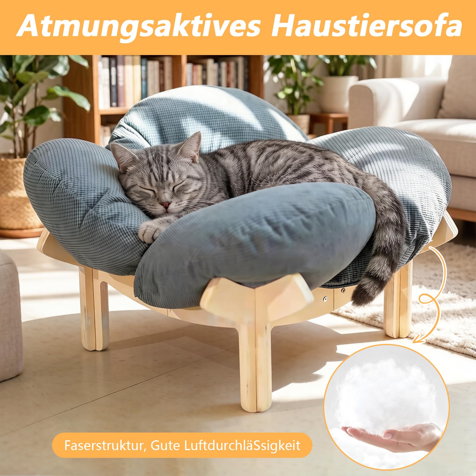 W&H Erhöhtes Katzenbett in Blumenform, 55 cm Großes Katzenkorb mit Kissen und Holzrahmen, Weiche Katzenkissen für Alle Katzen und Kleine Hunde, Grau
