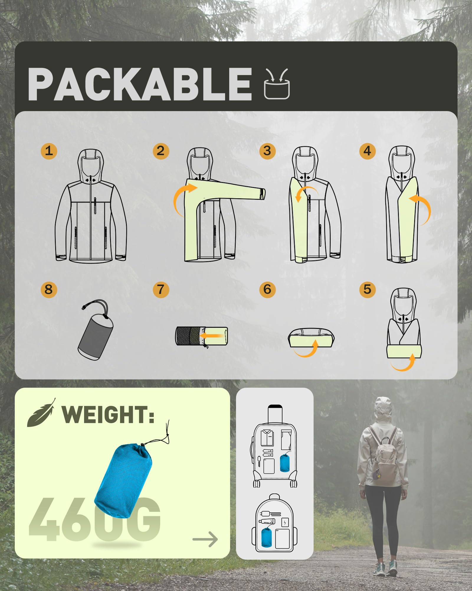 33,000ft Chaqueta impermeable para mujer, impermeable ligero con abrigo transpirable plegable con capucha ideal para correr y caminar
