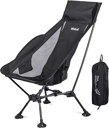 WildCall Silla de camping plegable ligera con respaldo alto con soporte para la cabeza, silla de playa compacta con pies grandes que no se hunden y