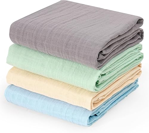 david's kids 4 Pack Baby Muslin Swaddle Blankets 47" x 47", 100% Cotton Swaddling Blankets Wrap for Boys Girls, Ultra Soft Breathable Receiving Blanket, New Born Essentials, Green&Grey&Blue&Beige