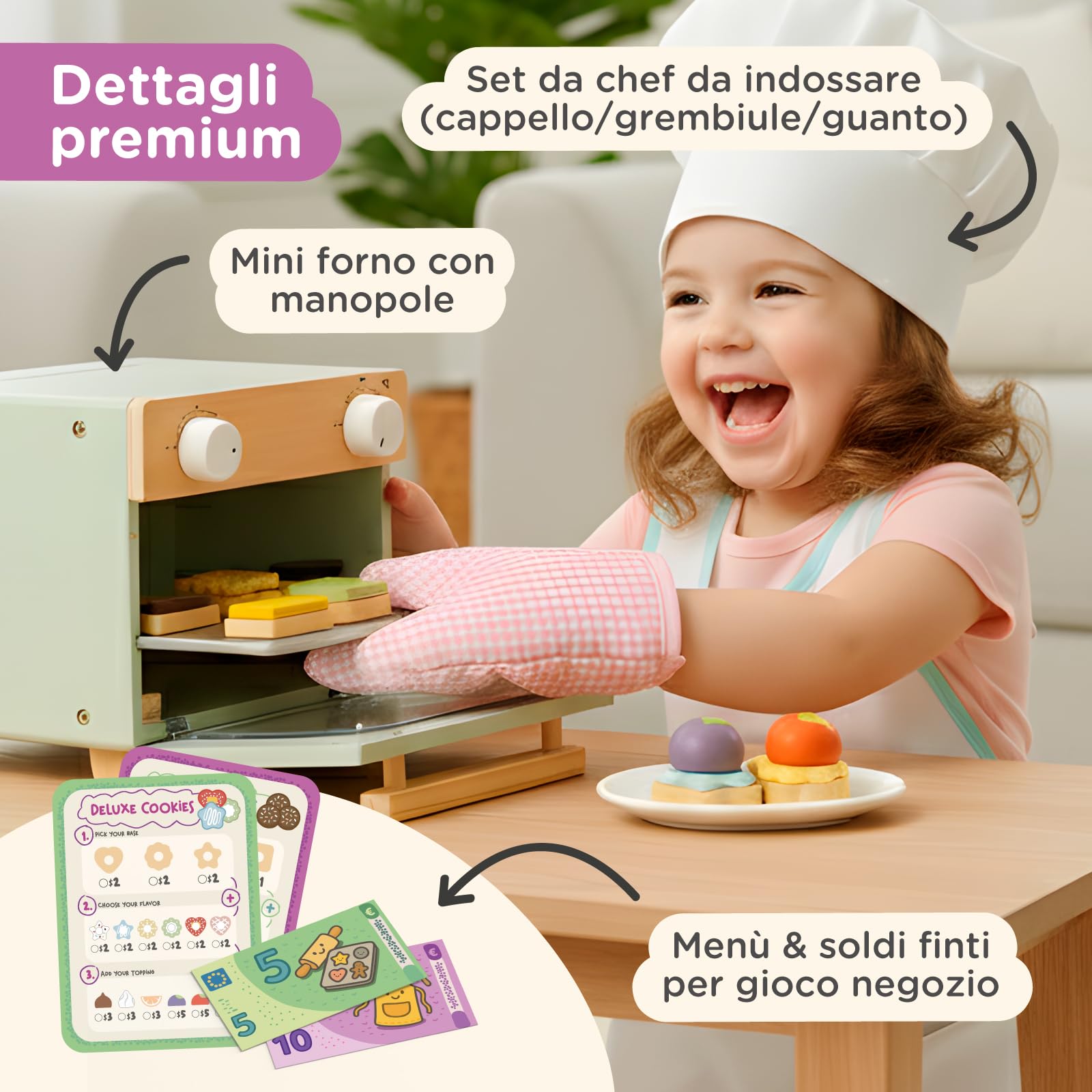 Nene Toys Pasticceria di Biscotti in Legno per Bambini 3+ Anni – Set Completo con Mini Forno, Menù & Soldi Finti – Gioco di Ruolo Educativo & Primi Calcoli – Regalo 3–6 Anni