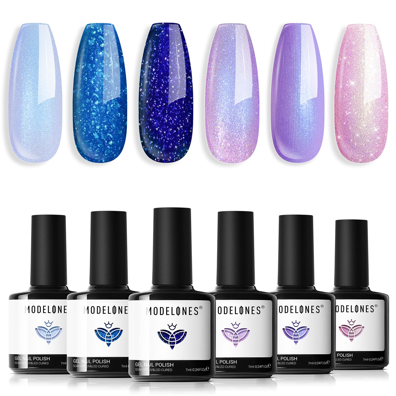 modelones Gel Nail Polish Set 6 Colors Blue Pink Purple Glitter Gel Nail Polish Chameleon White Sparkle Shimmer Reflective Glitter Polish Soak Off LED