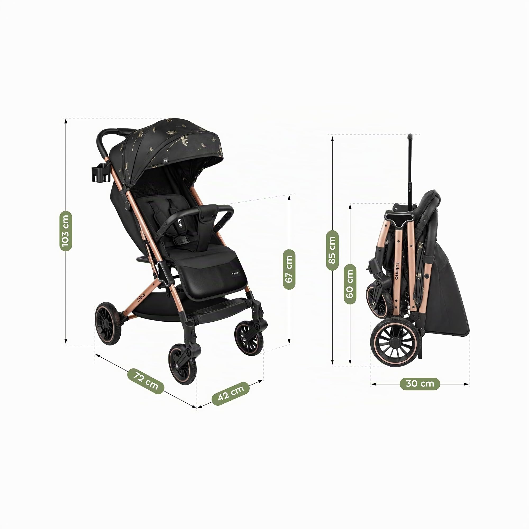 TULANO Lagos 35 Poussette Canne Compacte & inclinable - poussette bebe & voyage - Légère et Pliable - Jusqu'à 15 kg - Fonction Valise - Panier - Couvre-Jambes et Porte-Gobelet Inclus – Noir/Or
