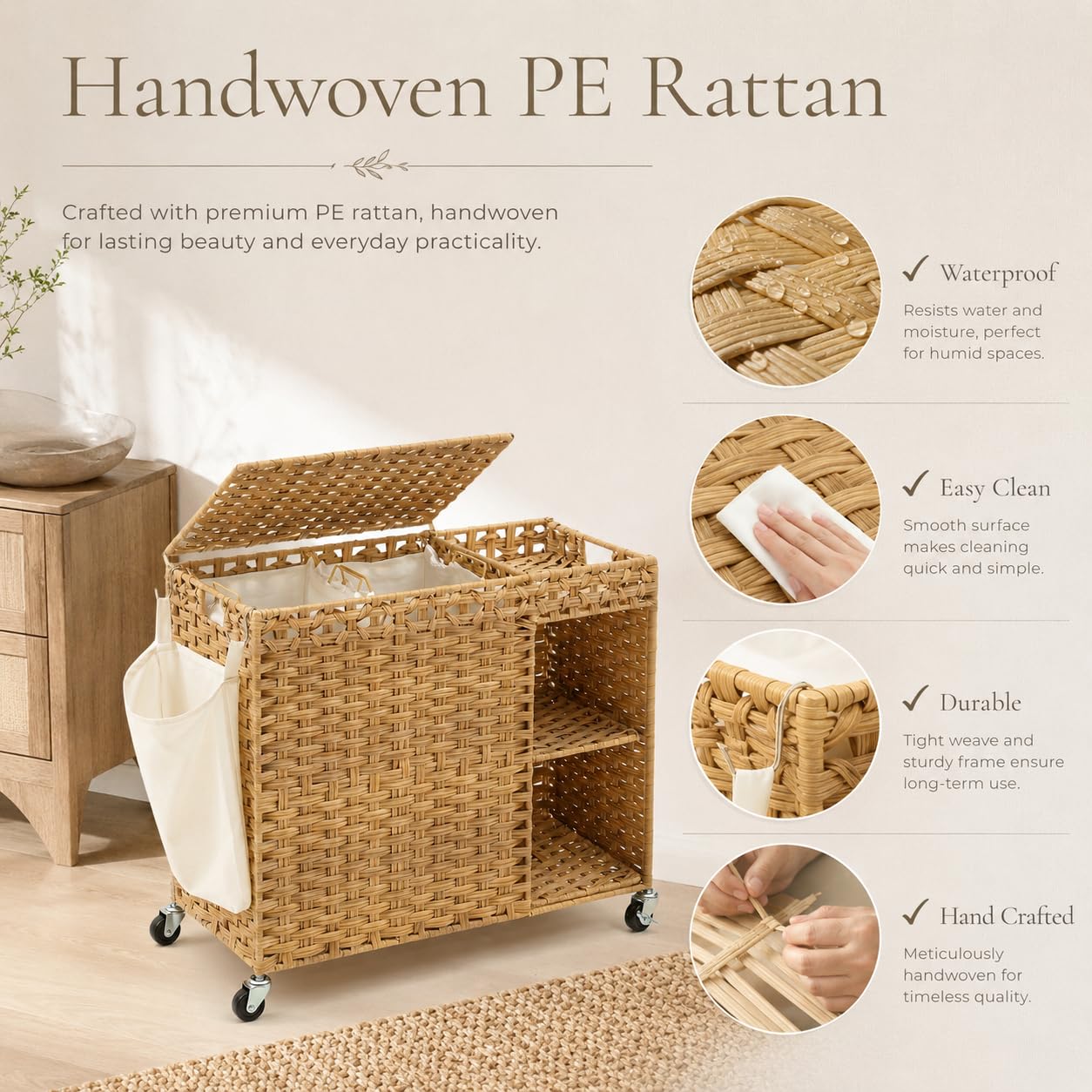 160L Wäschekorb mit Rollen und Regal, Wäschewagen mit Deckel | Handgeflochtener PE-Rattan, Großer Wäschekorb, Wasserfest für Badezimmer, Schlafzimmer und Waschküche