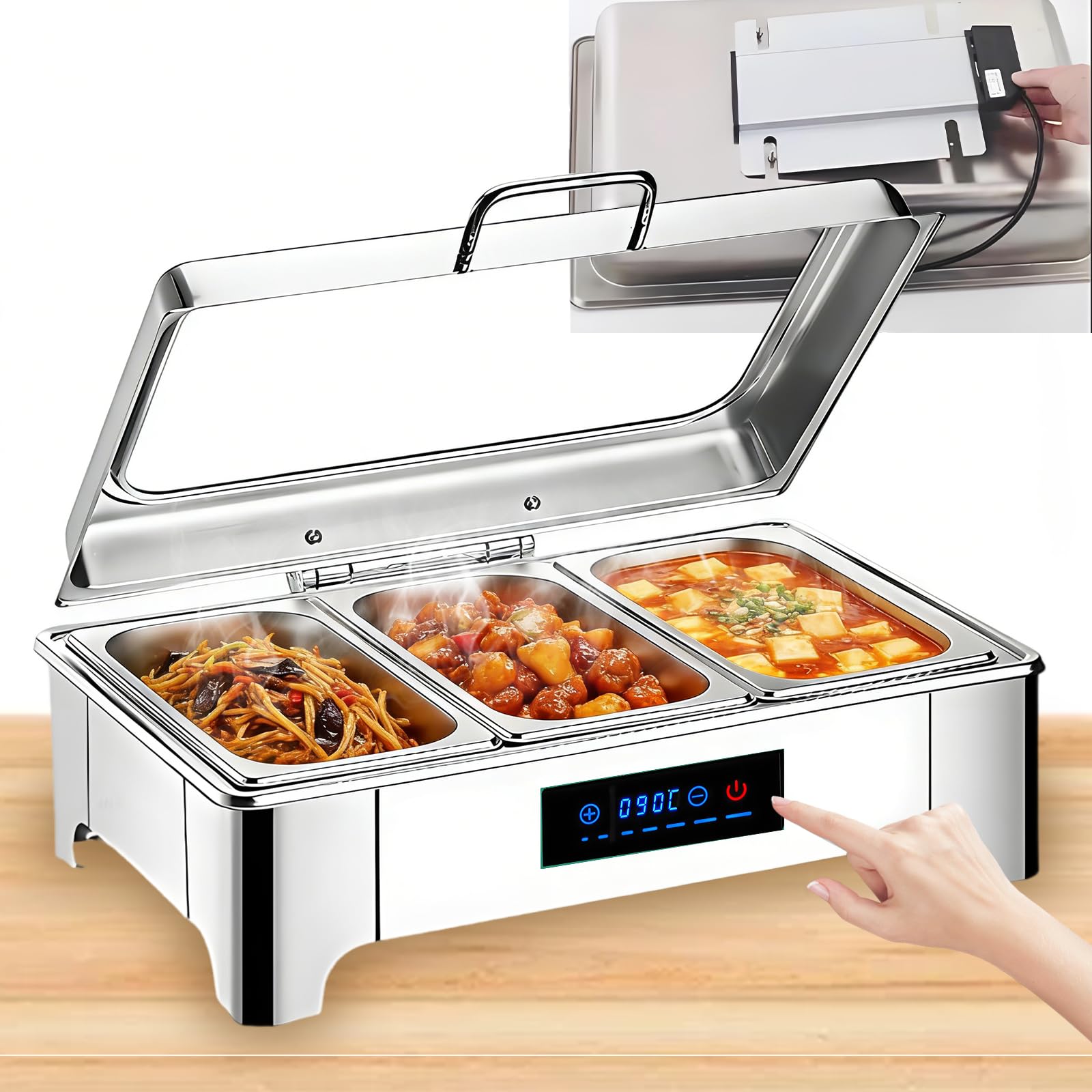 9L Chafing Dish Electrico para Buffet, Acero Inoxidable(1/3 Pan) | Profesional Calentador de Buffet Eléctrico con Toque Inteligente, Calentador de Comida Electrico Buffet con Tapa Visible