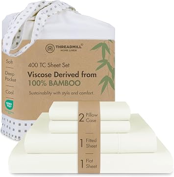 Threadmill Luxury Viscose Made from Bamboo Sheets Queen Size | Temperature Regulating Sheets for Queen Mattress |Breathable & Cooling Deep Pocket Bed Sheets|Eco Friendly Luxury Bedding|Ivory