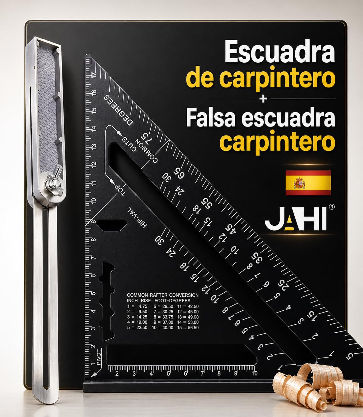 JAHI® Escuadra Carpintero Profesional 180 mm + Falsa Escuadra 250mm Herramientas bricolaje madera Regla metálica