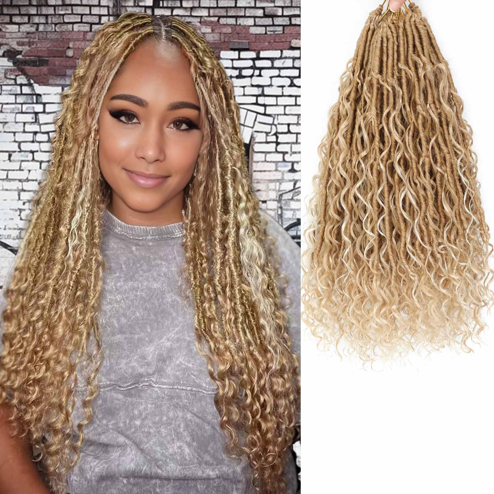 Goddess Locs Crochet Hair 7 Packs Bohemian Faux Locs Pre-Looped Braids, Boho Goddess Soft Locs Crochet Hair with Curly Ends Hair Extensions for Women (27/613#, 45 cm/ 18 Inch)