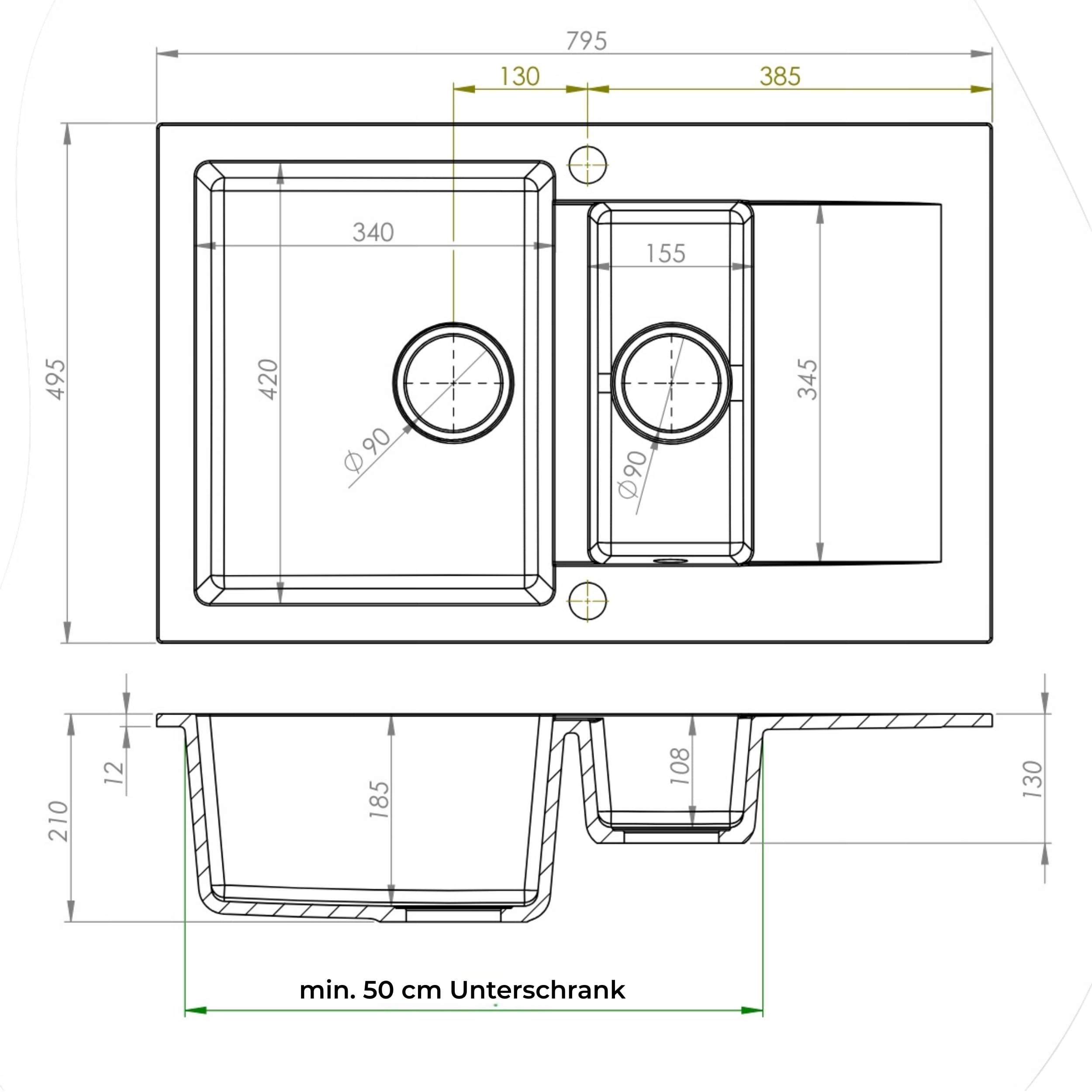 SINK QUALITY Spülbecken grau 79x50 cm, Granitspüle 1,5 Becken, Spüle mit Siphon und Imprägniermittel, Küchenspüle ab 50er Unterschrank