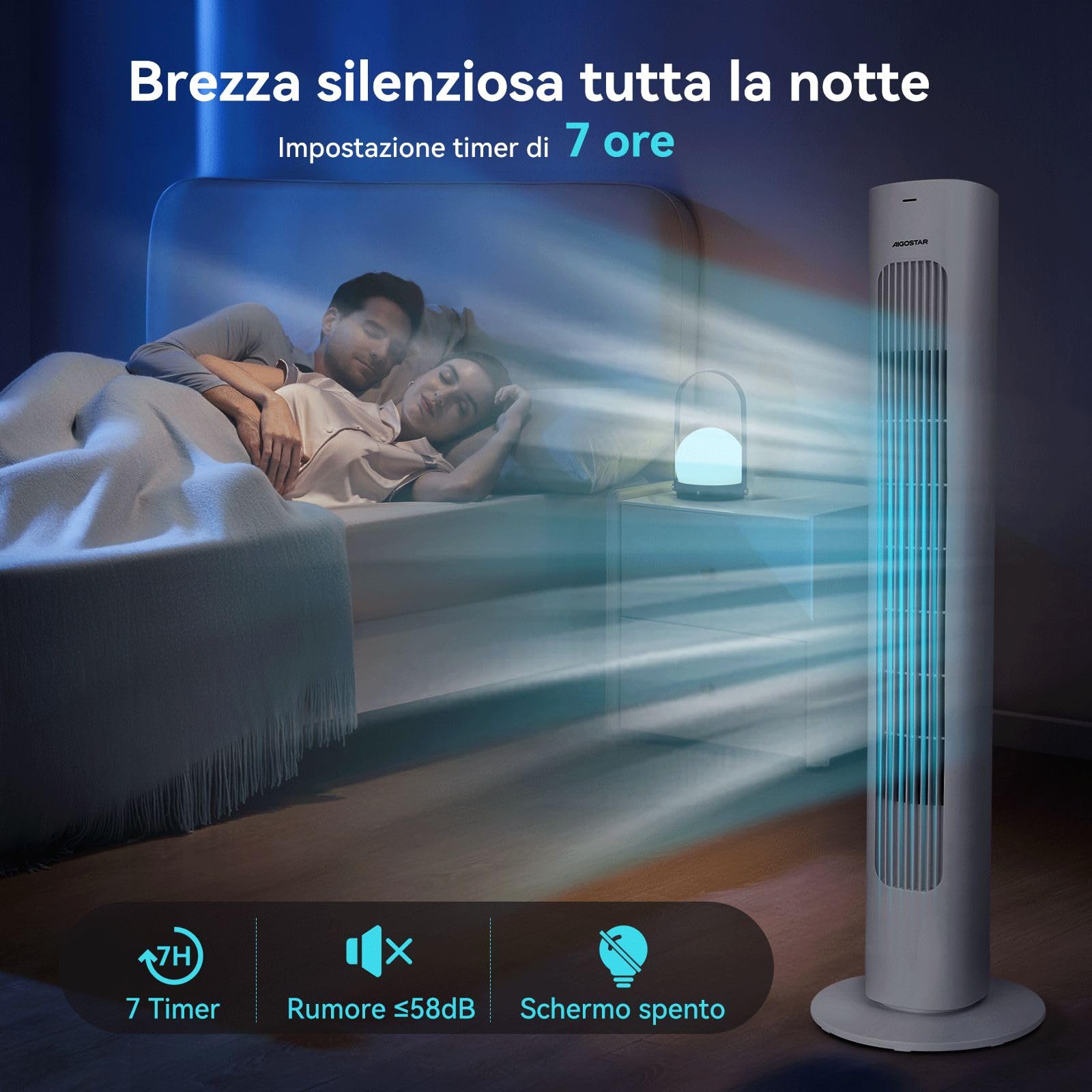 Aigostar Robert - Ventilatore a Torre con Telecomando e 3 Velocità e 3 Modalità di Vento, Ventilatore Senza Pale, Timer, 50W, Oscillazione a 70°, Display LED, Adatto per Casa e Ufficio, Bianco
