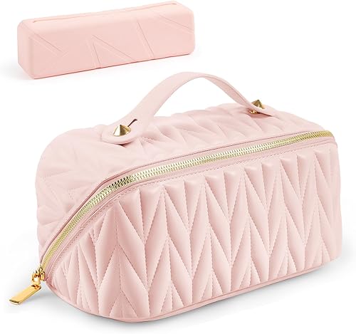 Gao you Bolsa de maquillaje de viaje, bolsa de maquillaje portátil de gran apertura, se abre plana para un fácil acceso, bolsa de aseo personal,