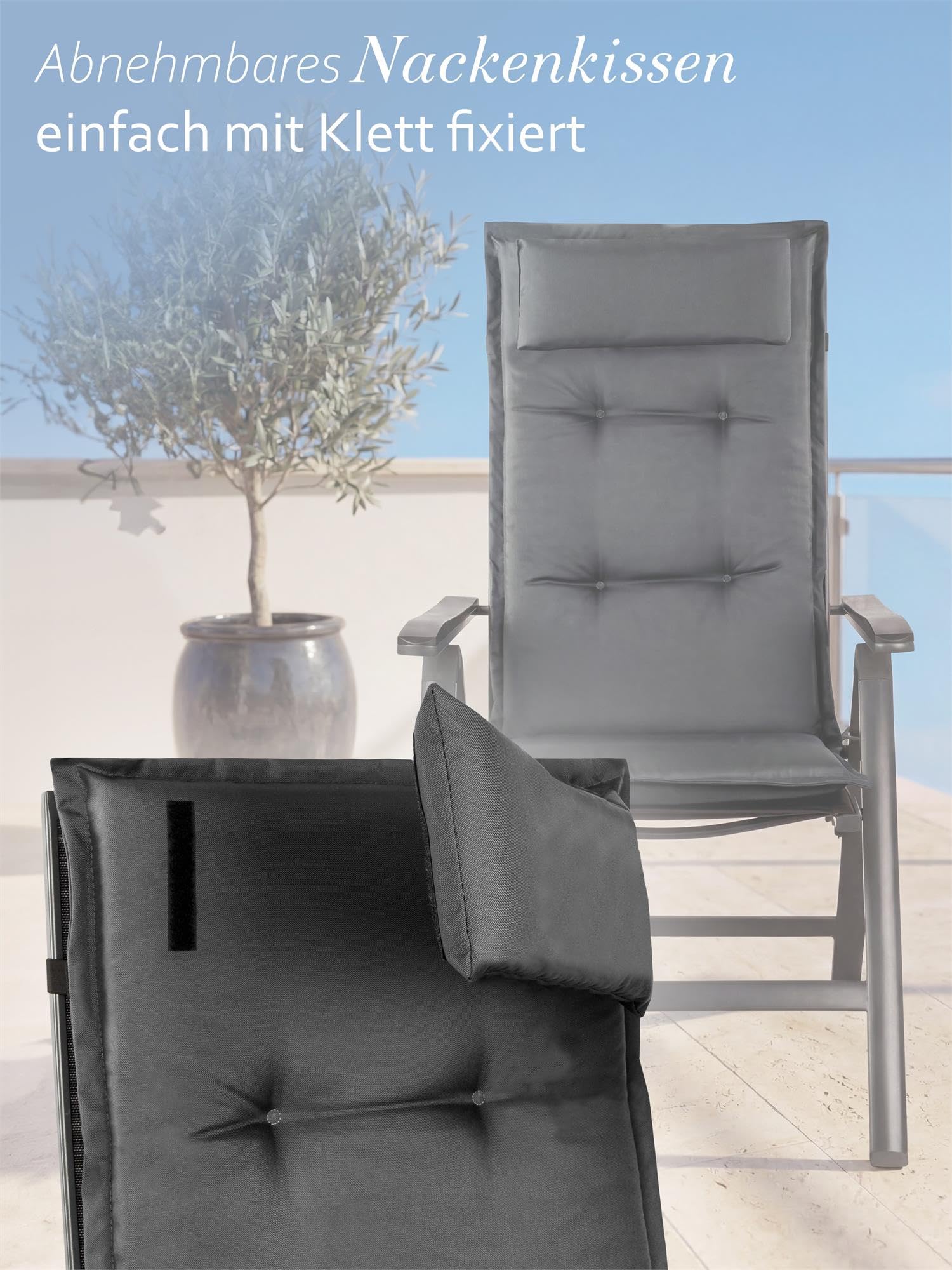 4er-Set Stuhlauflagen Hochlehner mit Kissen - Sitzpolster Gartenstuhlauflagen für Draußen und Drinnen aus pflegeleichtem und wasserdichtem Outdoor Material 120x50 cm Made in EU Farbe Anthrazit