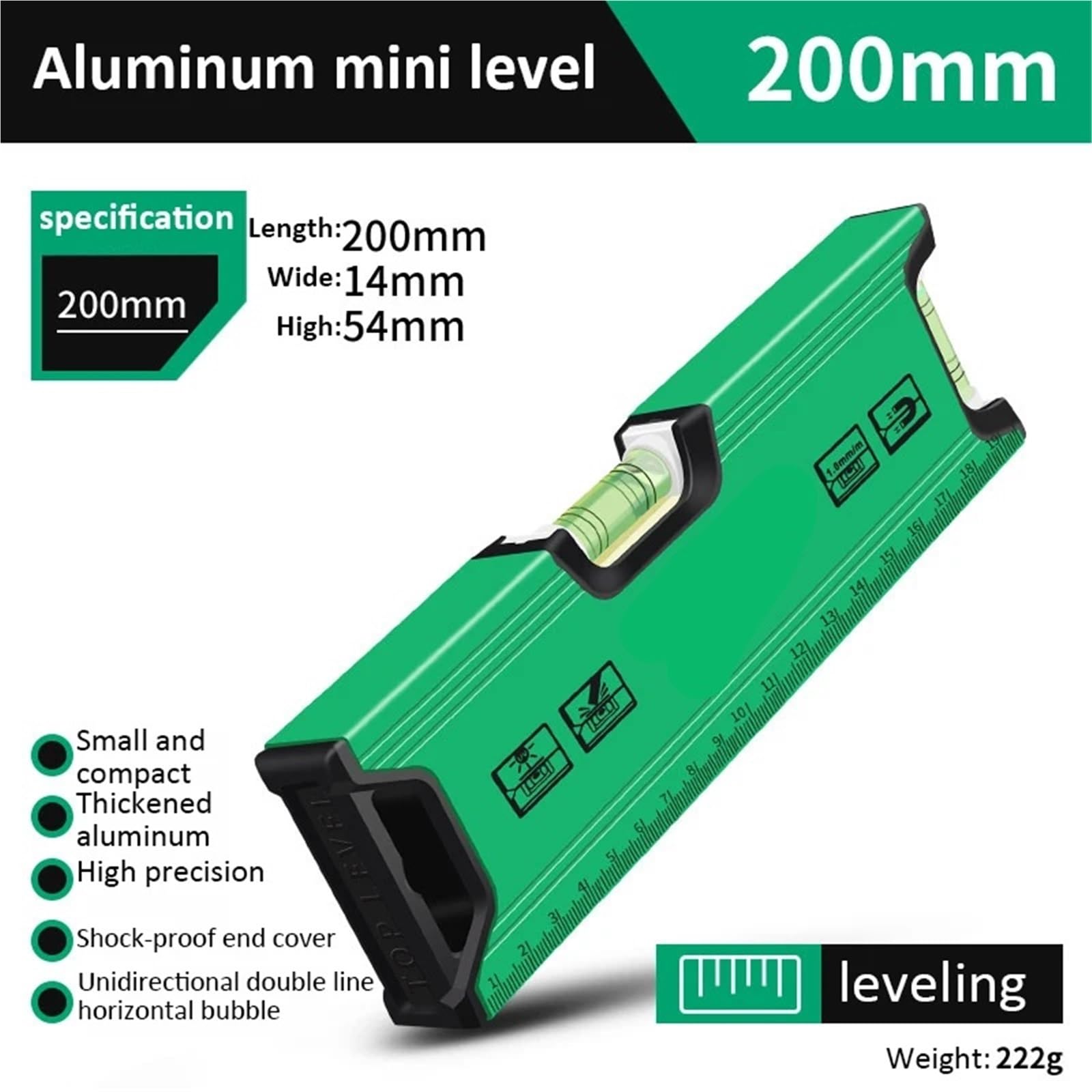 1 livella a bolla magnetica tascabile, livella a bolla, strumento di livellamento for costruzioni in alluminio ad alta precisione(Double bubble 200mm)