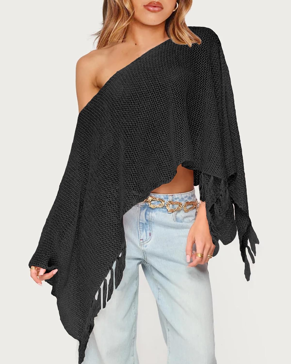 Womens Sheer Knit Fringe Poncho Top Light Crochet Sequin Poncho Shawl image 4