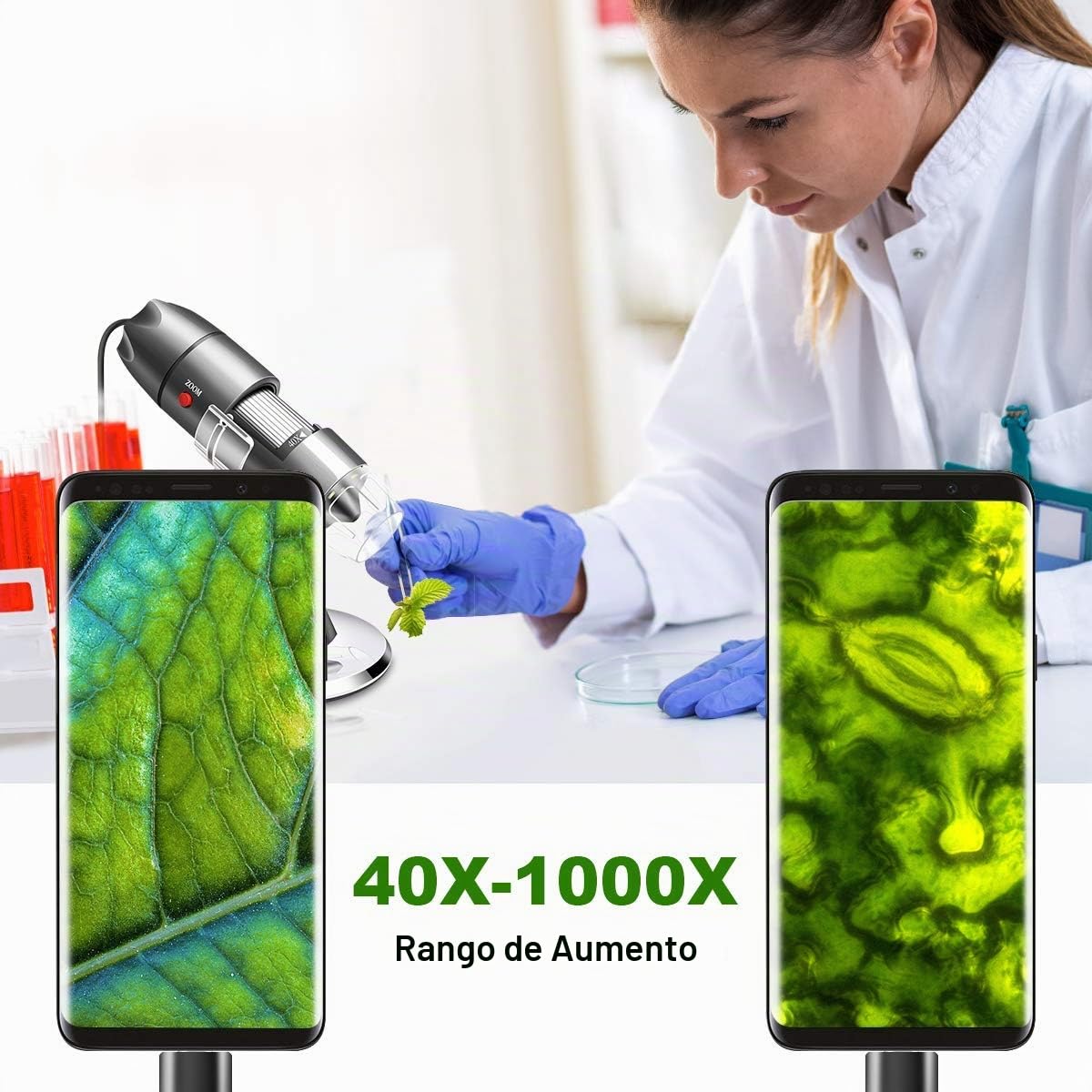 Cámara de microscopio USB de 40X a 1000X, microscopio Digital con Estuche de Transporte, Compatible con Android Windows 7 8 10 Linux Mac, microscopio portátil para niños, Estudiantes y Adultos (Gris)