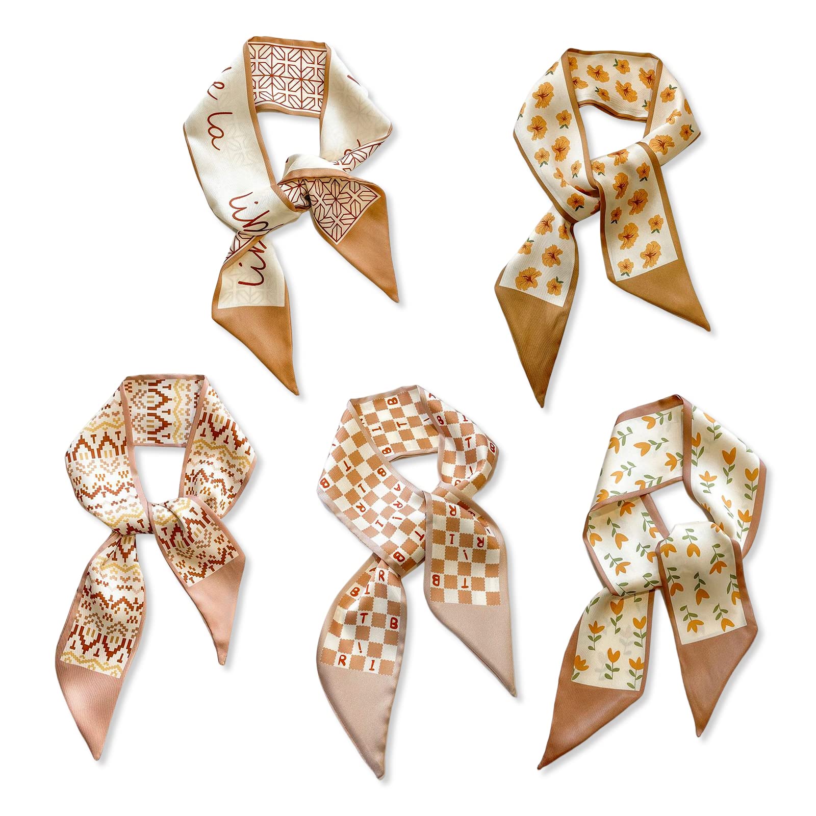 LumiSyne 5 Packs Skinny Silk Scarf For Women Girls Flower Printed Geometric Checked Pattern Fresh Sweet Style Satin Scarves Narrow Long Neckerchief Headdress Handle Wrap Ribbon Scarf