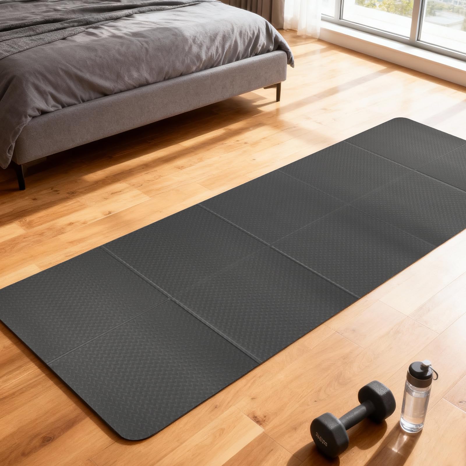 Składana mata ochronna na podłogę, 183 x 61 cm, grubość 4 mm, szara, mata do fitnessu, mata fitness z materiału TPE do sprzętu sportowego, sprzętu fitness, bieżni, maty do jogi