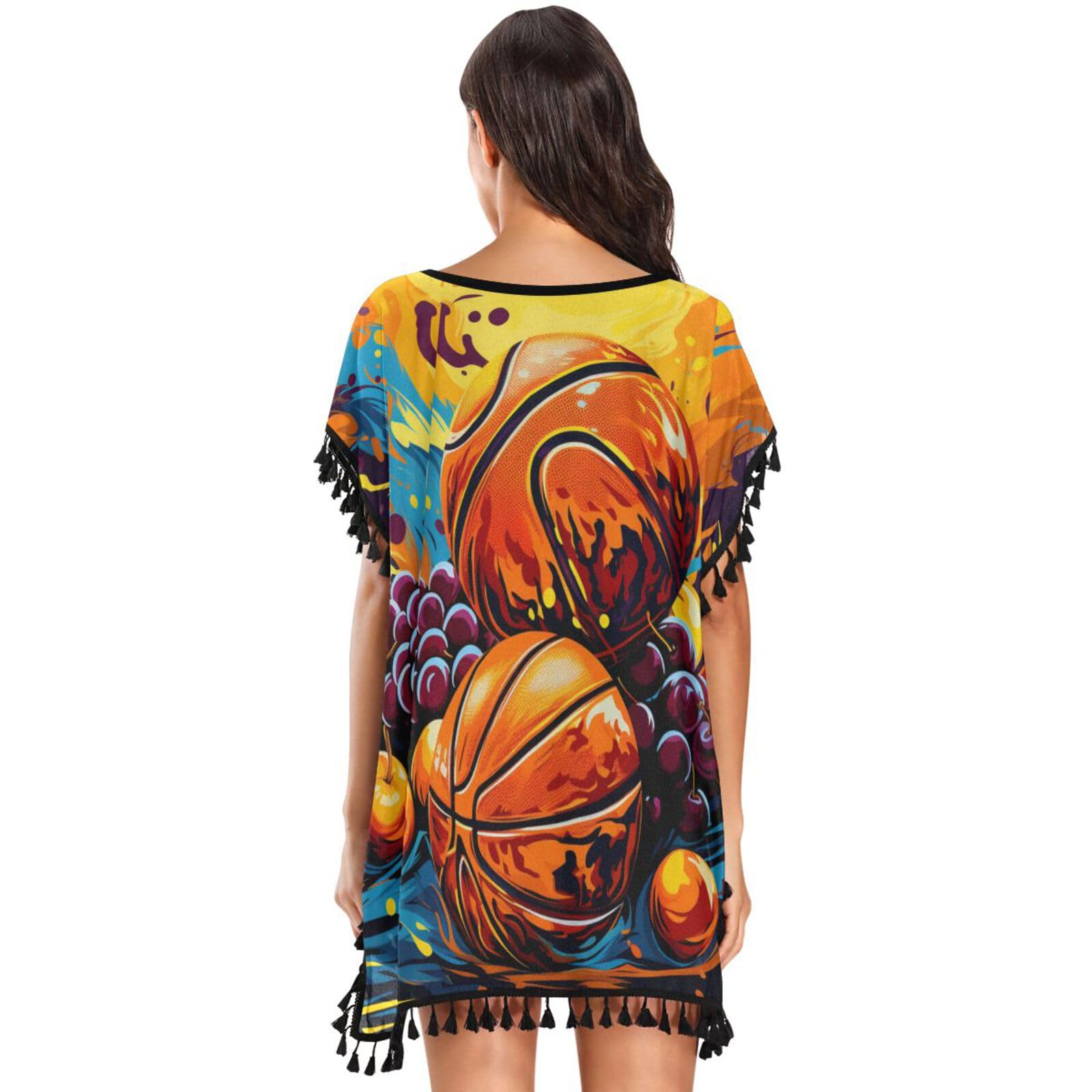 Fruit Basketball Art Women's Beach Cover Up Chiffon Tassel Swimwear Swimsuit Coverups for Girl