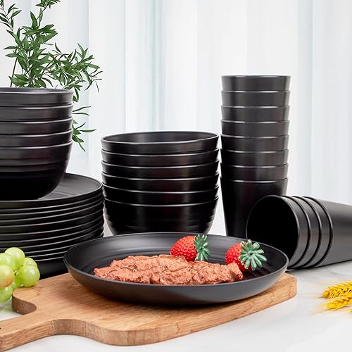 Miniatura 6 de LIYH - Juego de 12 vajilla de paja de trigo negro de 36 piezas, platos y cuencos de plástico, platos de plástico irrompibles aptos para