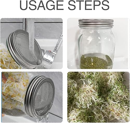 Miniatura 5 de Paquete de 4 tapas de germinación, tapas de germinación de tarros de masón, 20 de malla de acero inoxidable 304, de boca regular, para cultivo de