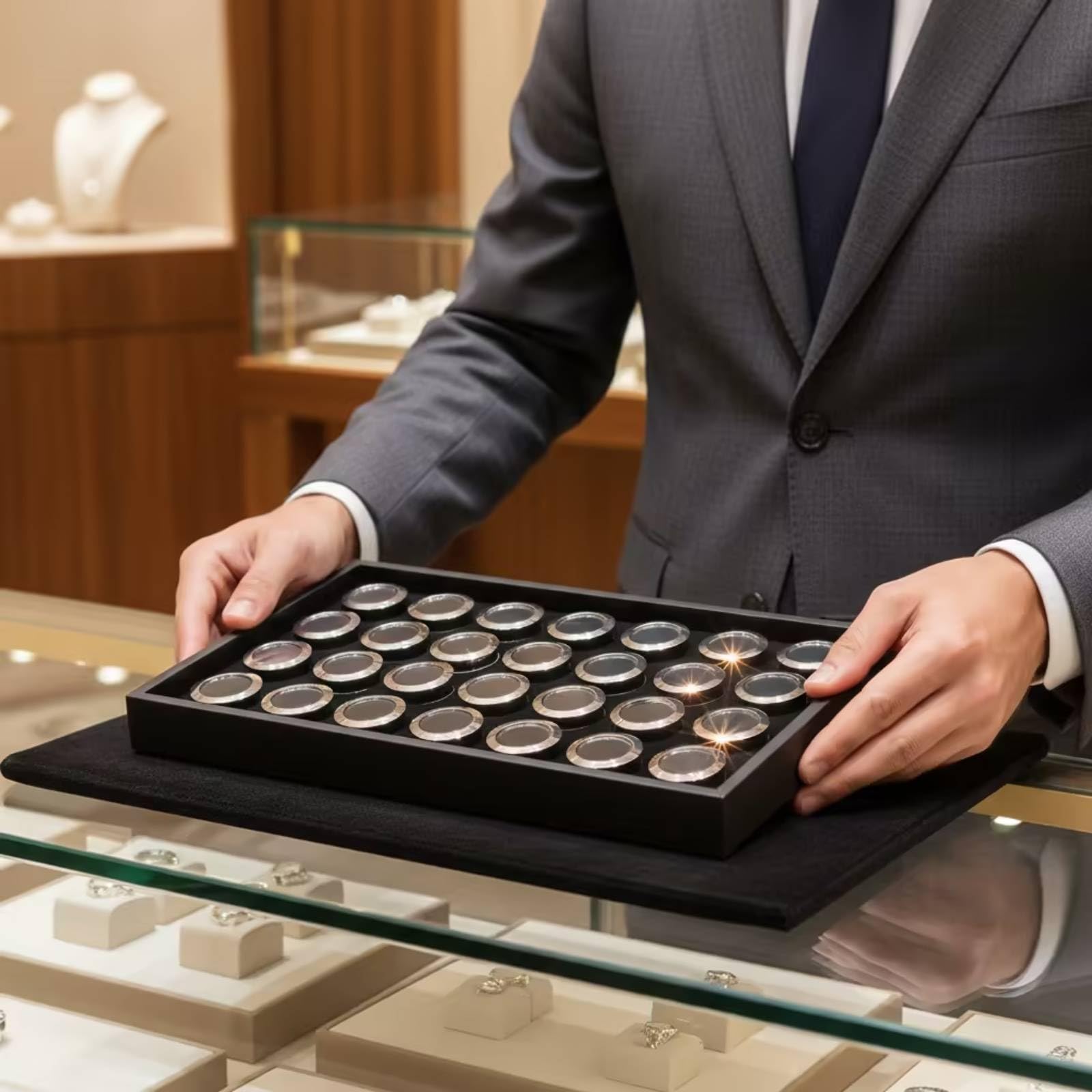 Vassoio Esposizione Gioielli Gemme Mostra Telaio Metallo Non Testurizzato con 28 per Gemme E Impostazioni
