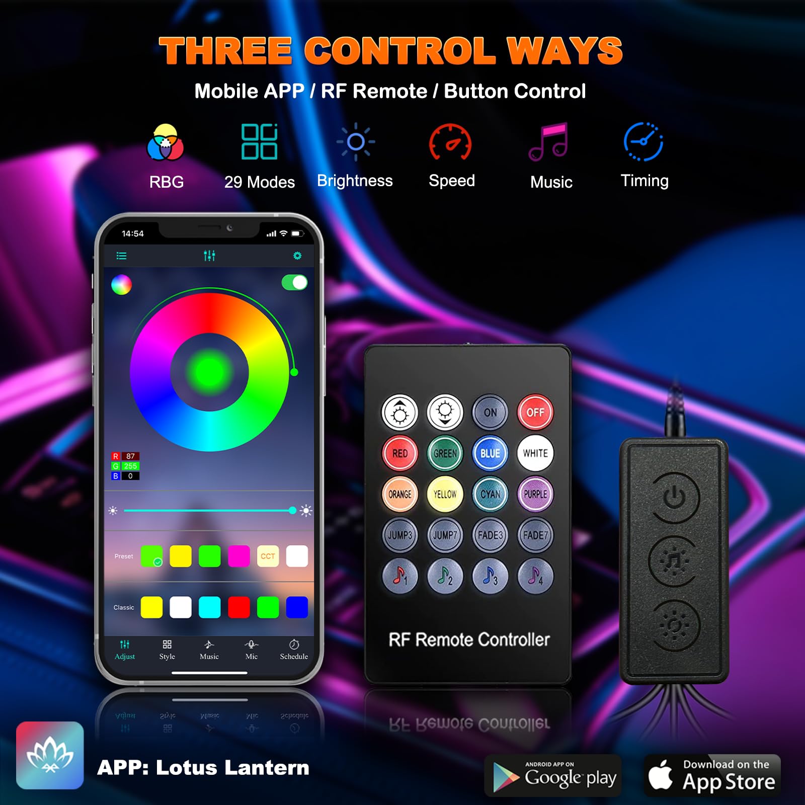 Car LED Lights Interior Car Lights with Wireless APP RF Remote Button Control Car Ambient Lighting Kit with — view 3