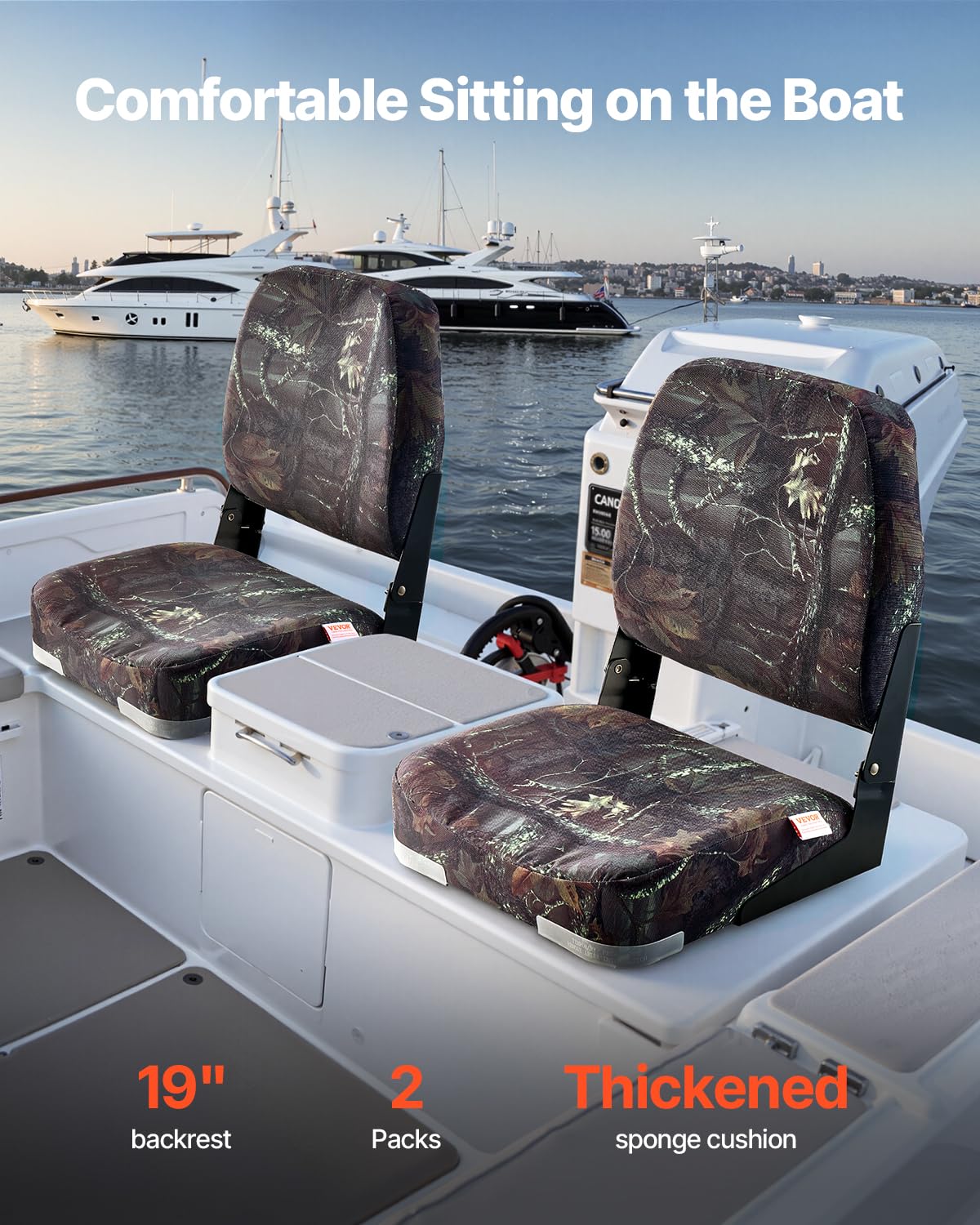 VEVOR Asiento de Barco con Respaldo Bajo 2 Piezas Silla de Barco de Pesca Plegable con Cojín de Esponja Espesa, Tela de Poliéster PU, Marco de PP Asiento de Bote para Barcos, Yates, Camuflaje
