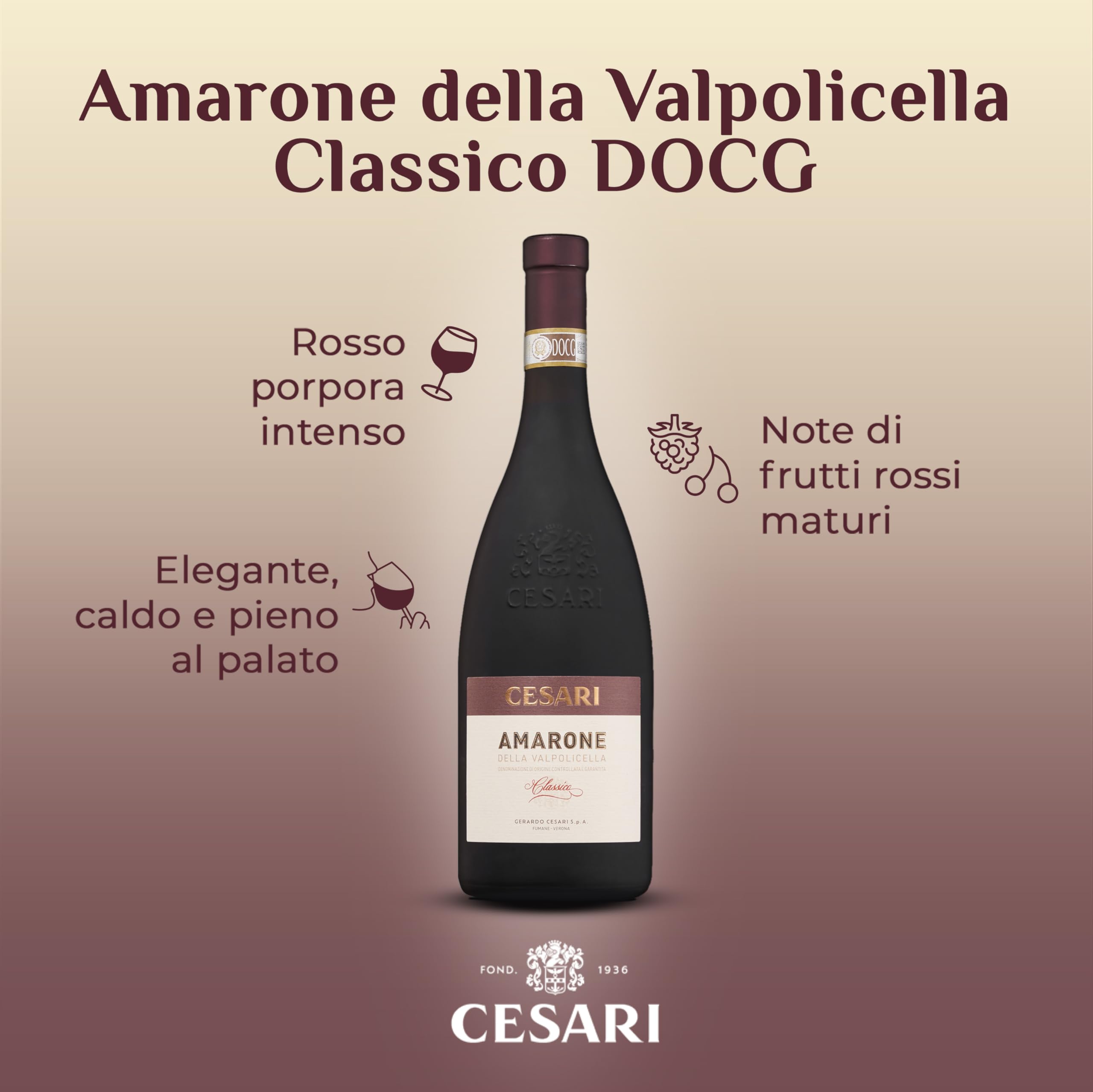 Cesari Amarone della Valpolicella Classico DOCG 2021 - Vino Icona, Elegante e Raffinato - 15% vol. - Bottiglia da 750 ml